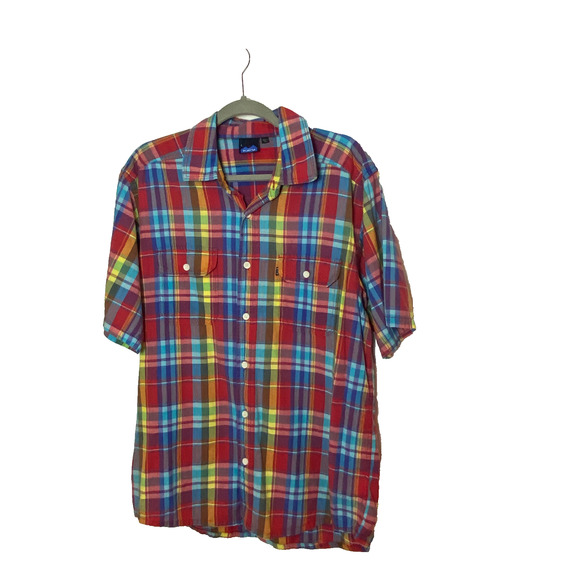 Kavu Short Sleeve Button Shirt Sz L Cotton Plaid Red Camp Multicolor Outdoors - Picture 1 of 7